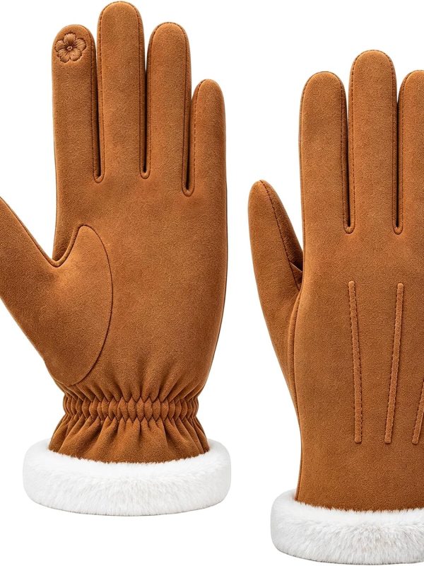 Windproof Faux Suede Winter Gloves with Embroidered Touchscreen
